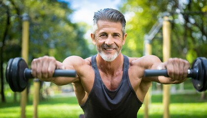 senior man with a muscular body working out in park, bodybuilding and fitness concept - obrazy, fototapety, plakaty
