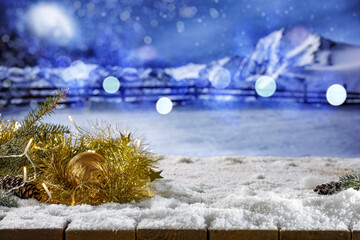 Photo of Christmas tree decoration on wooden table.Empty background of winter time ,christmas...