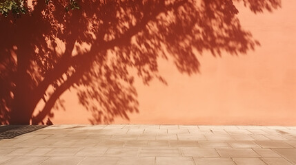 Tree shadow on terracotta red brown orange house wall and sidewalk. Exterior street outdoor. Background. Space for product design object. Mock-up stage template presentation. Plant leaves nature.