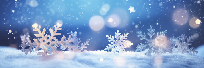 Fototapeta na wymiar Snowflakes On Snow With Bokeh Of Christmas Lights - Real Snowdrift And Acrylic Crystals.