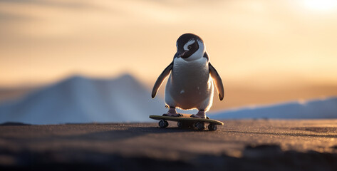 penguin on top of skateboard with great muscle, penguin at sunset - obrazy, fototapety, plakaty
