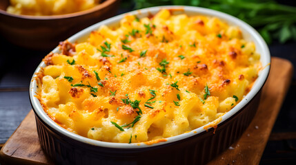 Mac and cheese, american style macaroni pasta in cheesy sauce