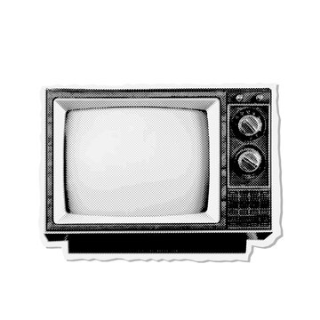 recommend clip art: Halftone retro tv paper collage sticker. Old vintage TV in trendy dotted mixed media vintage 80s style.
