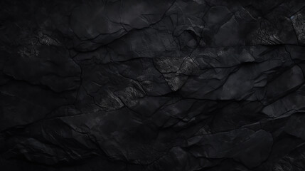 Black abstract background. Dark rock texture. Black stone background with copy space for design. Web banner. Wide. Panoramic.