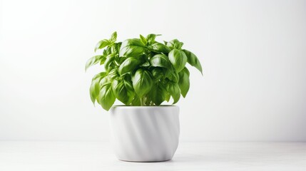 a basil plant in a white pot against a white background.