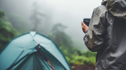 Alone with yourself. Back view of a female hiker enjoys a morning cup of coffee near her tent, alone with nature. The breath of the morning foggy forest and the spirit of freedom. Cropped photo.