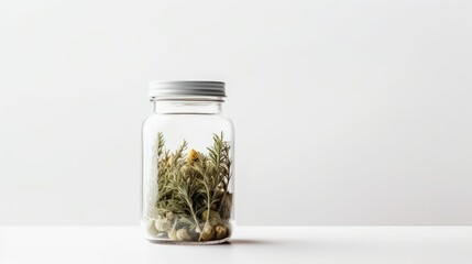 a jar with various plants inside it, creating a miniature terrarium on a white background. - obrazy, fototapety, plakaty