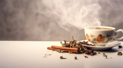 Deurstickers a hot cup of spiced tea on a white table with a gray background. © พงศ์พล วันดี