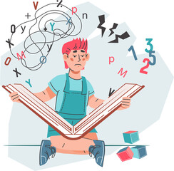 Dyslexia and reading and learning difficulties concept with dyslexic child character. Learning difficulties and stress before exam.