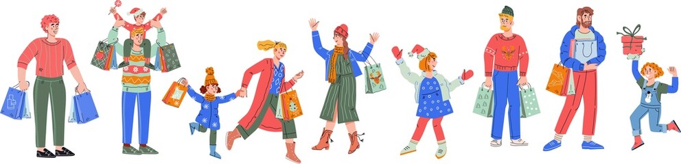 Christmas or New Year family celebration and holiday shopping, set of characters. Happy people enjoy sales and discounts during the winter sales season.