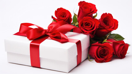 White Gift box and festive red hearts on white background. Gift concept for Valentine Day, Wedding or Birthday, flat lay