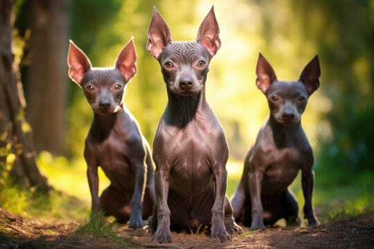 Three Xoloitzcuintli Dogs of Standard Size Standing on Green Grass with Trees in Background on Summer Day - Horizontal Animal Image