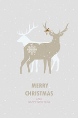 Vector Christmas and New Year greeting card with deers and snowflakes.
