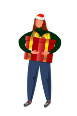 Vector woman in red  Santa hat with big present. Great  Christmas and New Year character for family celebration, new year party concept.