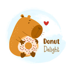 Cute capybara with donut. Vector illustration. Funny animal capibara character rodent for cards, design, print, kids collection