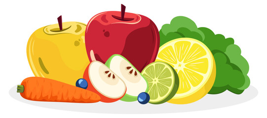 A set of fruits, products, berries. Still life. Healthy food. Diet. Cartoon flat drawing of vegetables for collage and web design. Icon for cooking, medicine, health and beauty, commerce. 