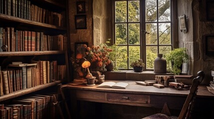 A rustic study nestled in the heart of a countryside cottage, the walls lined with shelves holding a curated collection of well-worn books. A handwritten journal rests open on an aged oak desk - obrazy, fototapety, plakaty