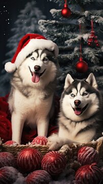 Cute dog husky wolf puppy with christmas gift boxes concept photo poster merry present red new year