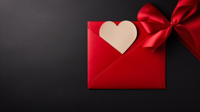 Love with a red envelope and heart and a red ribbon on dark background