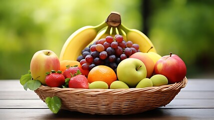 Fresh fruits in a wicker basket on a black background. Healthy food concept.