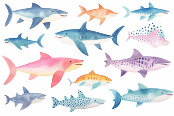Set of watercolor paintings Shark fish on white background.  - obrazy, fototapety, plakaty