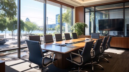 Interior of a modern meeting room with brick walls, panoramic windows, long black table and chairs