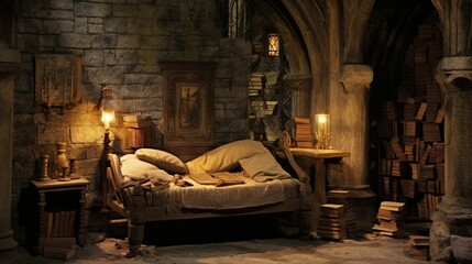 A secluded book alcove in a medieval castle, its stone walls lined with hidden compartments storing ancient tomes. A soft glow emanates from an ornate, gilded reading lamp - obrazy, fototapety, plakaty