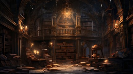 A secret chamber hidden beneath a library, lined with shelves holding scrolls and manuscripts protected by ancient enchantments. Soft torchlight s the hidden knowledge within - obrazy, fototapety, plakaty