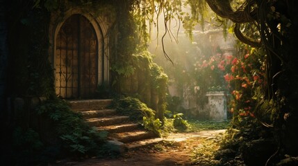A secret garden hidden behind ancient walls, the foliage creating a magical bokeh as sunlight filters through, illuminating hidden paths - obrazy, fototapety, plakaty
