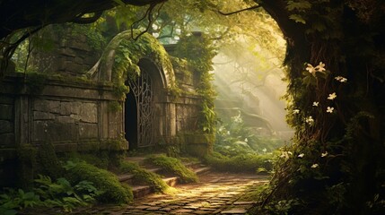 A secret garden hidden behind ancient walls, the foliage creating a magical bokeh as sunlight filters through, illuminating hidden paths - obrazy, fototapety, plakaty