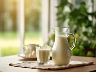 Fototapeta na wymiar Pitcher and glass of fresh milk on table in kitchen, closeup