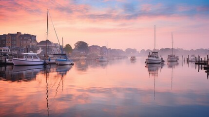 A serene coastal town at sunrise, the pastel hues of the sky reflected in the calm waters while boats create a beautiful bokeh in the harbor