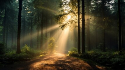 A serene, mist-covered forest in the early morning light, where sunbeams pierce through the trees, creating a mystical bokeh effect