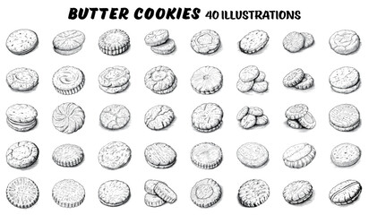 Collection of drawn butter cookies. Sketch illustration	 - obrazy, fototapety, plakaty