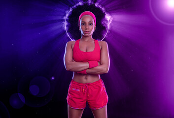 Sporty fit woman, athlete after fitness exercises on black background. Download cover for music collection for fitness classes. Sports recreation. Beautiful black young woman.
