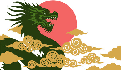 Chinese dragon poster. Dragon head profile with opened mouth and teeth. Symbol of Chinese new year. Horizontal template composition with golden clouds and pink sun.