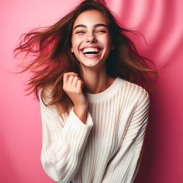 The essence of playful laughter with a smiling girl against a lively pink background. Emphasize a carefree and whimsical atmosphere in the composition. 4K, Cinematic, 3d