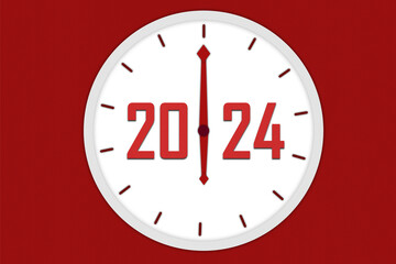 White clock on red background. Year 2024. We are about to enter the year 2024.
