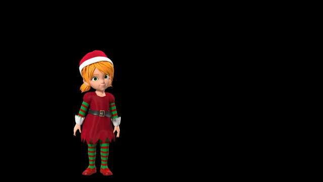 One 3d Rendered Cartoon Elf Girl Jumps In And Makes Funny Face Bloating Her Cheeks Putting Both Hand Under Chins.