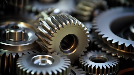 close up view of Metal gear in factory. Many different stainless steel gears on a gray background,