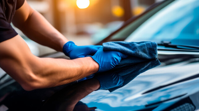 Man in gloves polishing car