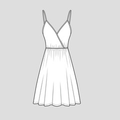 camisole dress waist gathering detail flounce flare hem cad dresses flat sketch technical drawing template design vector