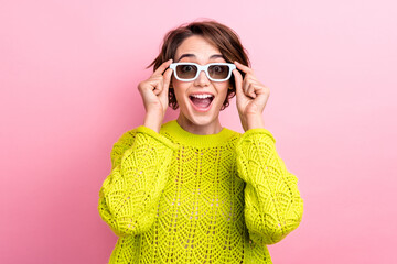 Photo of young beautiful girl first time in cinema premiere new action film 4d format using glasses...