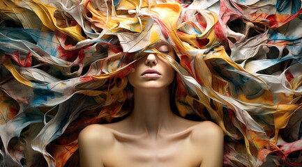 Young woman with ADHD symptoms as a mess in her head and attention deficit metaphor. - obrazy, fototapety, plakaty