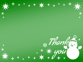 クリスマスのサンキューカード　緑背景の雪だるまと星のイラスト