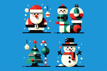 Charming Collection of 4 Minimal Vector Christmas Graphics - Featuring Santa, Elf, Rudolph, and Frosty for Festive Designs