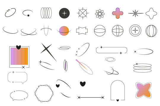 Simple trendy frames.Aesthetic y2k geometric shapes with stars. Retro basic line art design elements. Oval, heart, arrow, frame figures with sparkles. Vector illustration for social media or poster