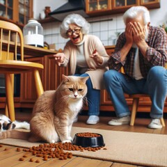 A mischievous and disgruntled cat knocked the food out of its bowl. The heartbroken grandfather and grandmother make a facepalm gesture cant stop laugh. Meme illustration. Digital art. - obrazy, fototapety, plakaty