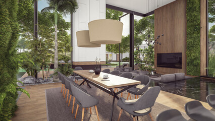 3d rendering of expensive cozy interior with green walls with living dining zone stair and kitchen for sale or rent. Spacious apartments with expensive furniture, equipment and flowers