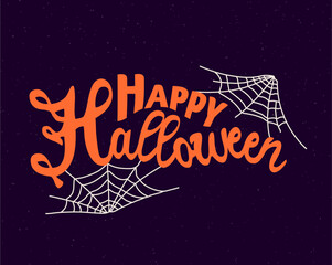 Fototapeta na wymiar Happy Halloween, hand lettering vector group. Vector illustration of spooky spiderweb, jack-o-lantern, bats. For party invitation, greeting card, and poster.